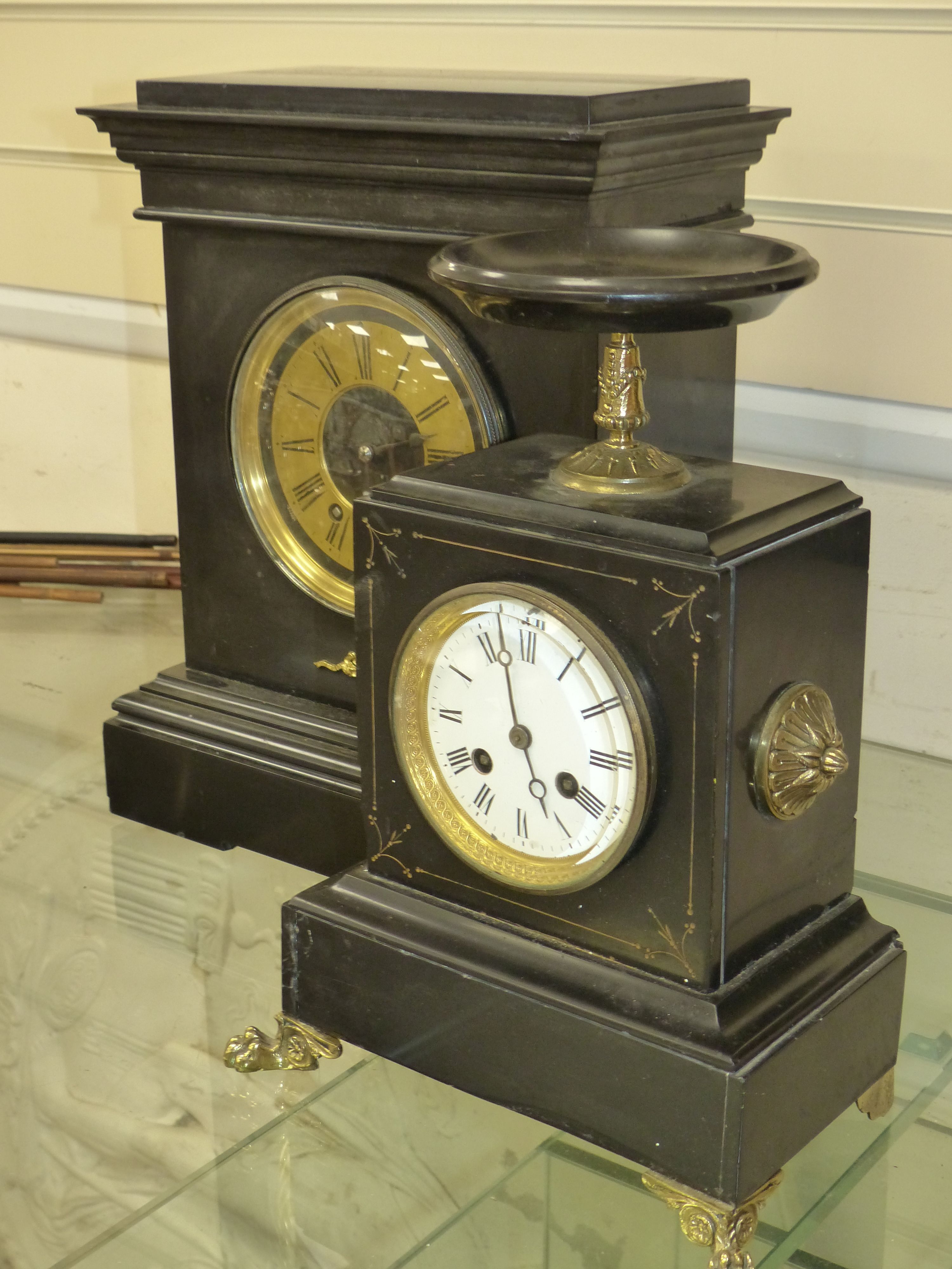 Two late 19th century French black slate mantel clocks